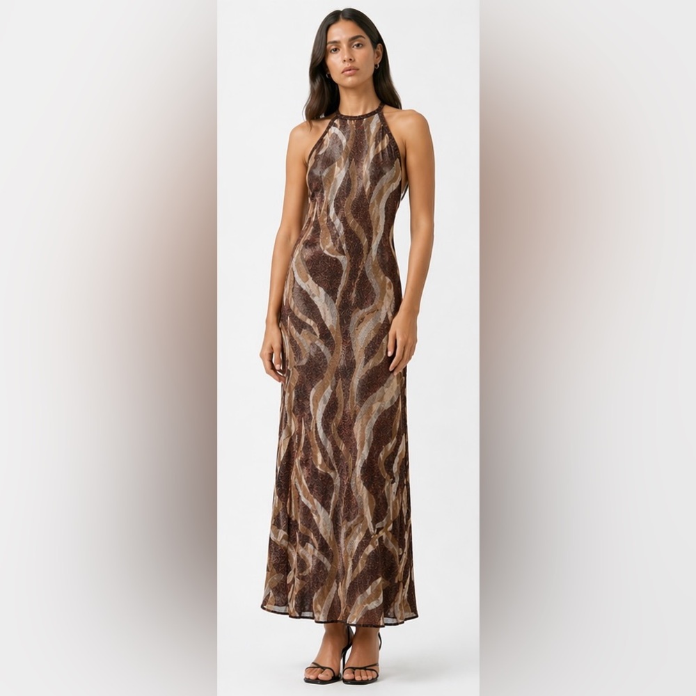 Zara Womens Medium Metallic Abstract Halter Maxi Dress Brown Sheer Open Back M
